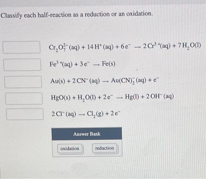 Classify each half-reaction as a reduction or an oxidation